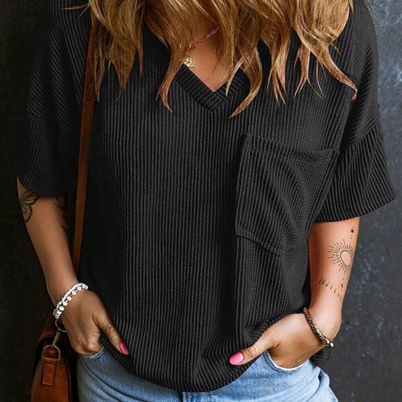 Black Casual Women's Twisted Threaded Short-Sleeved T-Shirt - Picture 4 of 5